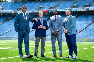 Chapel Hill, NC - September 18, 2021 - ESPN/ACC Network Football commentators (L-R) Jordan Cornette, EJ Manuel, Mark Richt, & Eric Mac Lain pose for a portrait prior to the Virginia Cavaliers / University of North Carolina (UNC) Tar Heels regular season game.(Photo by Jay Anderson / ESPN Images)